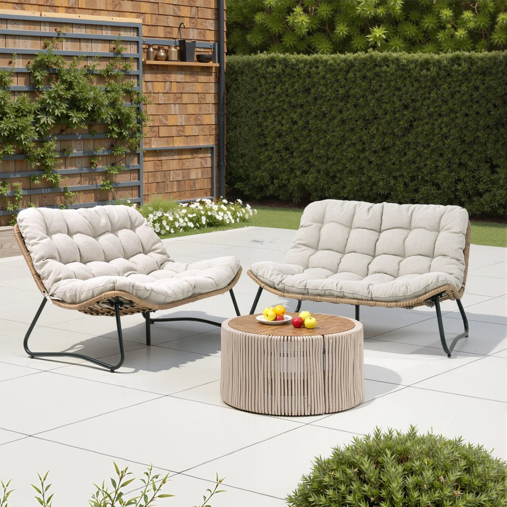 Dubbele papasan-loveseat met kussen, weerbestendig PE-rotan en metalen frame voor binnen en buiten