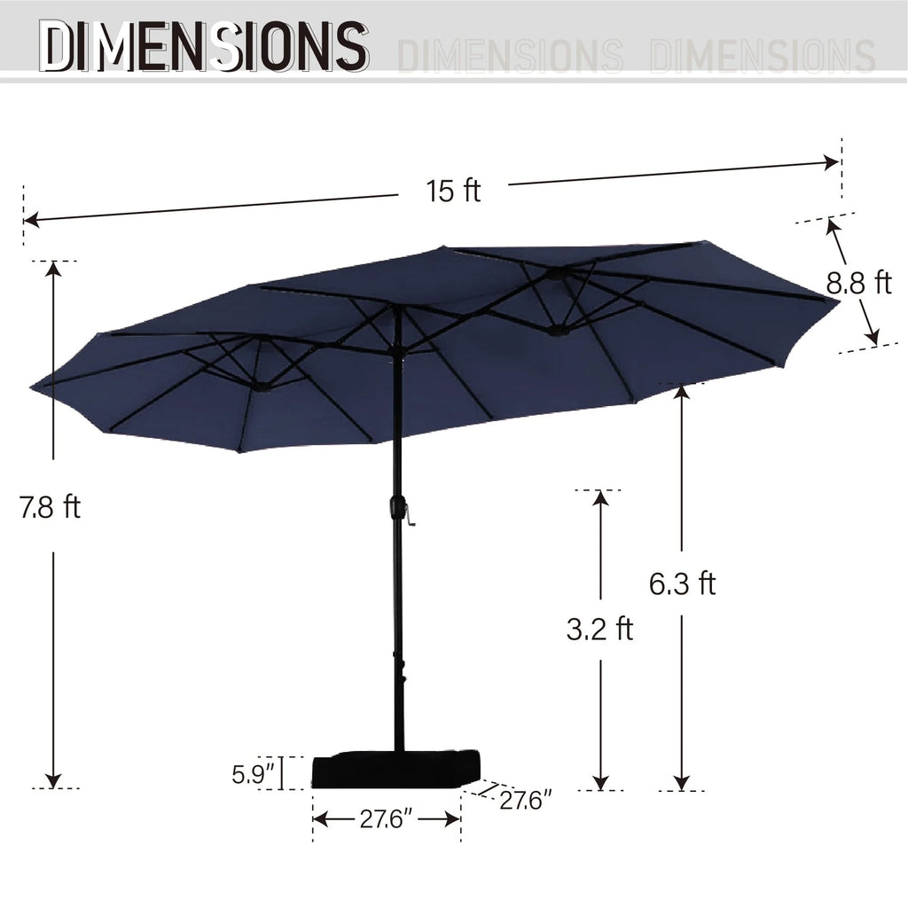 15-foot Rectangular Crank Double-sided Outdoor Market Umbrella Solar LED Lighted Patio Umbrella with Base Included