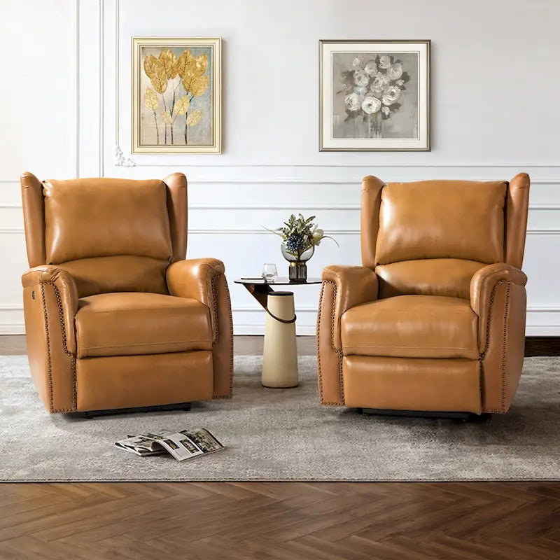 Genuine Leather Power Recliner with USB Port â€?Wingback Nailhead Set of 2