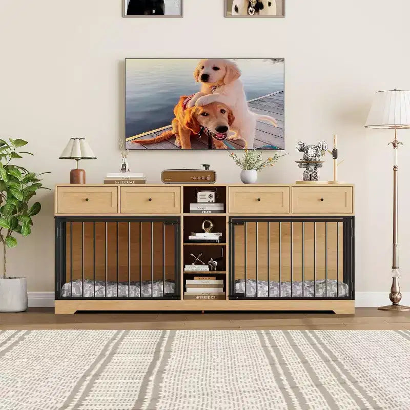 82-delige dubbele hondenbench, grote binnenkennel voor 2 honden, robuuste houten hondenbench en tv-meubel met 4 laden en planken