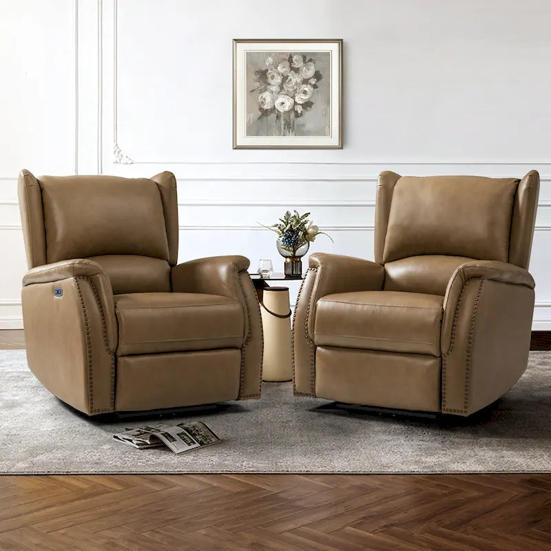Genuine Leather Power Recliner with USB Port â€?Wingback Nailhead Set of 2
