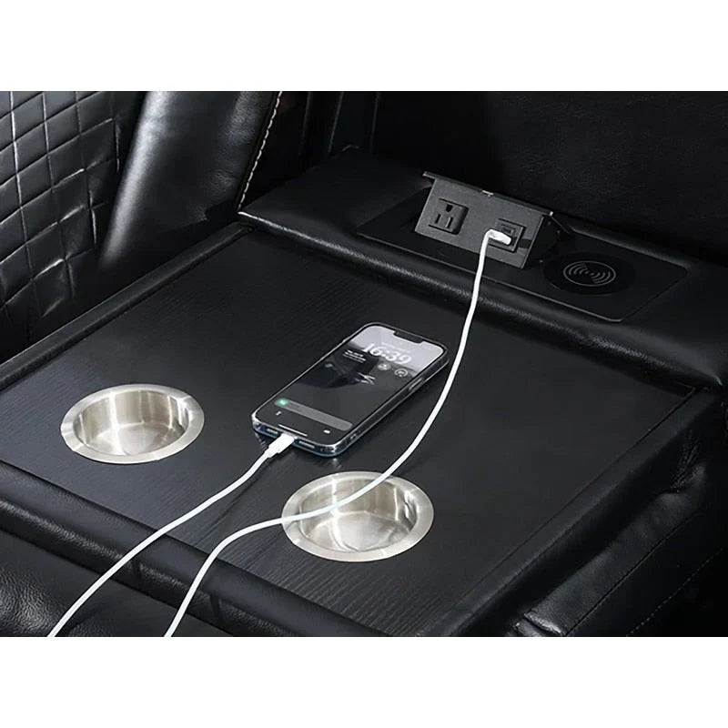 Elektrisch verstellbares Sofa mit kabellosem Ladegerät, Leselampe für das Wohnzimmer, Kunstleder, LED-Beleuchtung, AC-/USB-Anschluss und Getränkehalter, Schwarz