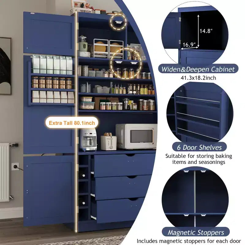 Armoire garde-manger haute pour cuisine avec prises électriques, grand placard autoportant avec support pour micro-ondes, tiroirs, étagères, porte-bouteilles et étagères intégrées à la porte