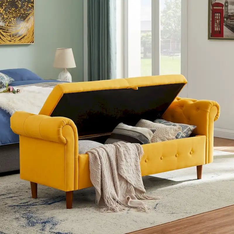 Panca contenitore per camera da letto, per fondo letto, con braccioli arrotondati, rivestita in velluto, pouf-divano lungo