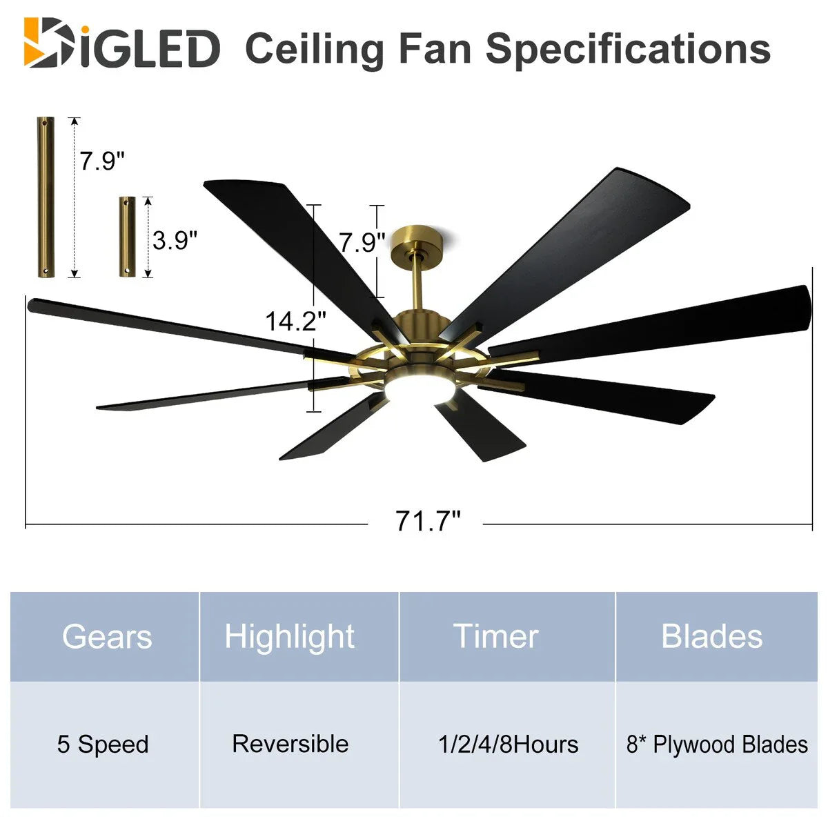 Grand ventilateur de plafond télécommandé avec éclairage et 8 grandes pales en bois