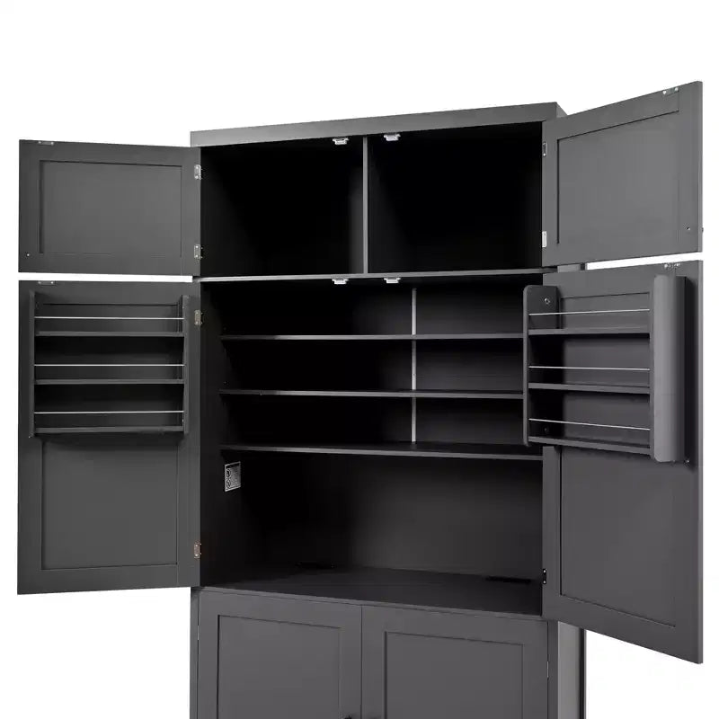 Armoire garde-manger haute pour cuisine avec prises électriques, grand placard autoportant avec support pour micro-ondes, tiroirs, étagères, porte-bouteilles et étagères intégrées à la porte