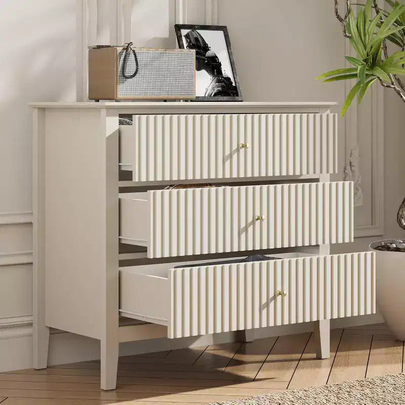 Cómoda Heynemo com 3 gavetas, mesa de cabeceira em madeira pintada com 30 polegadas de altura e arrumação, cómoda larga e moderna com corrediças de esferas