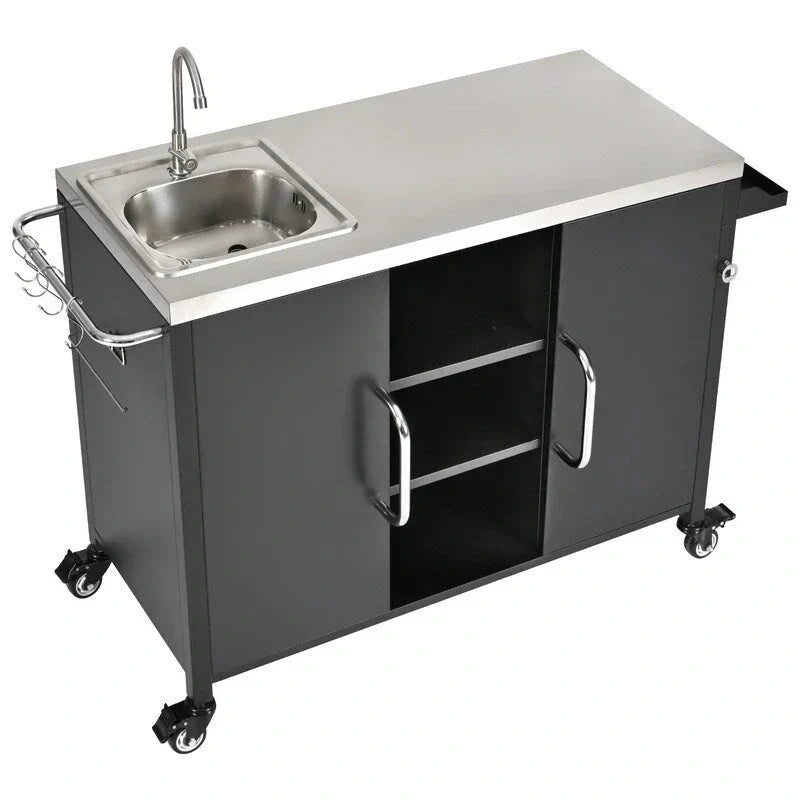 Isola da cucina da esterno con lavello, carrello bar da esterno con stazione lavello e 4 ruote bloccabili