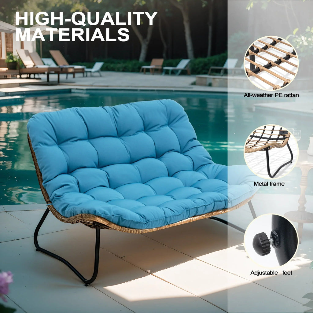 Dubbele papasan-loveseat met kussen, weerbestendig PE-rotan en metalen frame voor binnen en buiten
