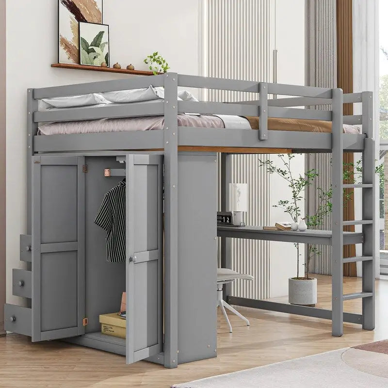 Letto soppalcato in legno matrimoniale con armadio integrato, scrivania, ripiani contenitori e cassetti