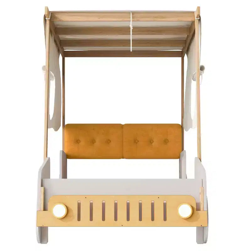 Whisen-Holzbett in Autoform mit Kissen, Deckenstoff und LED – Natur