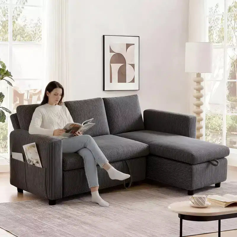Dyonery Rozkładana sofa 2 w 1 z szezlongiem z pojemnikiem na pościel, sztruksowy narożnik z portami USB do salonu