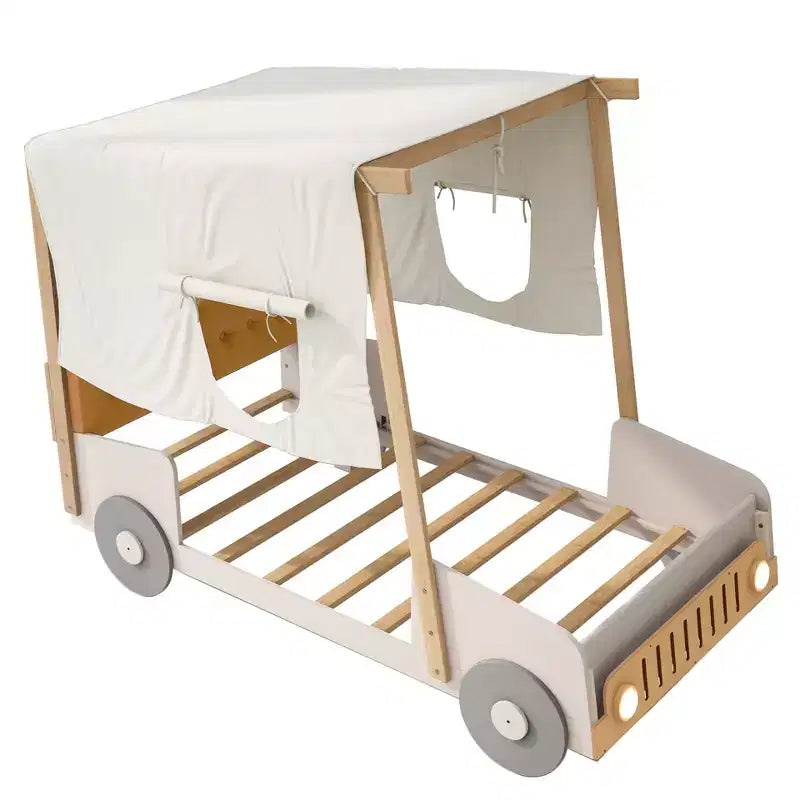 Whisen-Holzbett in Autoform mit Kissen, Deckenstoff und LED – Natur