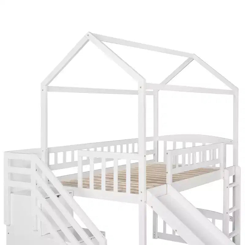 Hochbett in Hausform für zwei Personen mit Rutsche und Treppe, Hochbett mit Stauraumschubladen, Holzhütten-Hochbett für Kinder und Kleinkinder