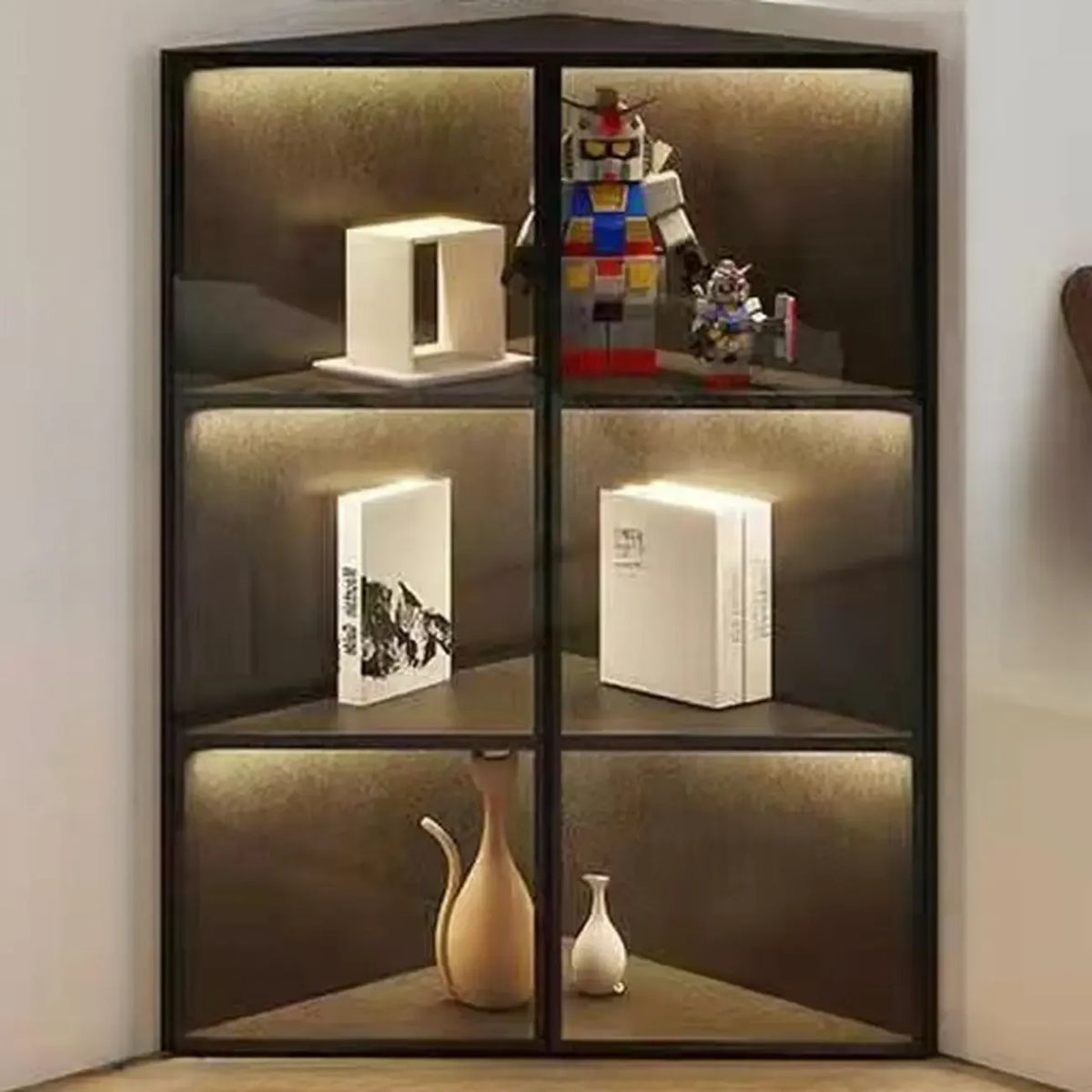 Vitrine de canto moderna em metal e madeira cinzenta com porta de vidro