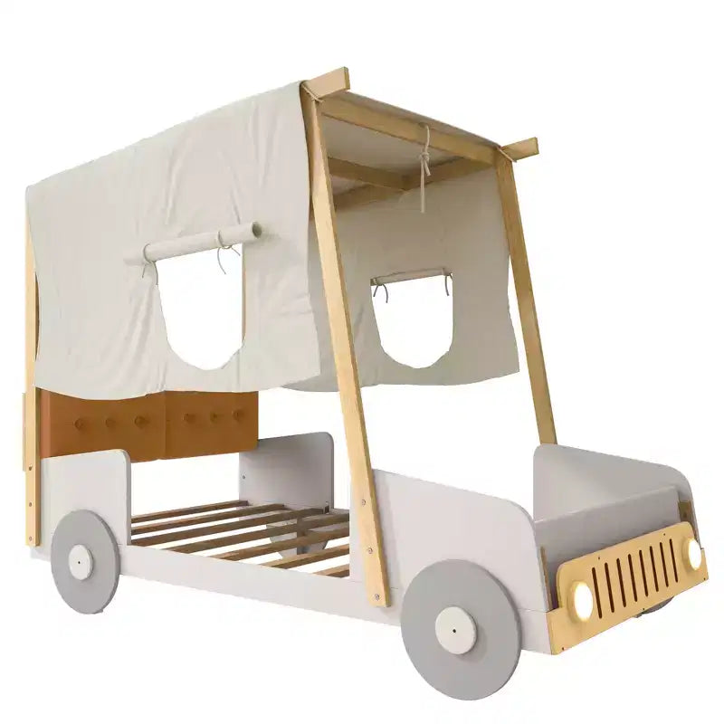Whisen-Holzbett in Autoform mit Kissen, Deckenstoff und LED – Natur