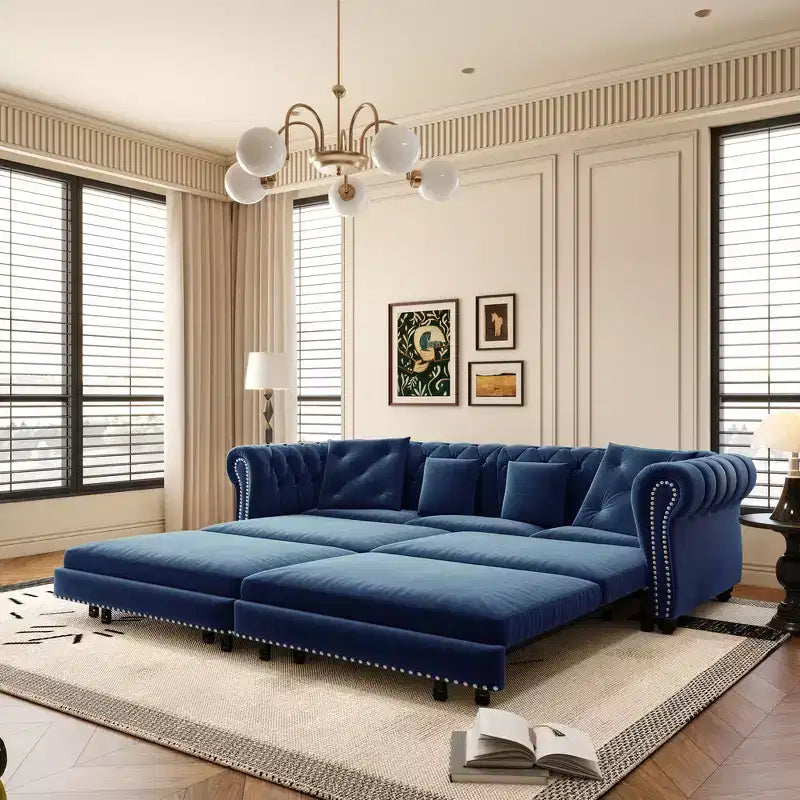 Rozkładana sofa 3 w 1 Whisen Velvet typu king-size z ruchomym podnóżkiem i pikowanym wzorem