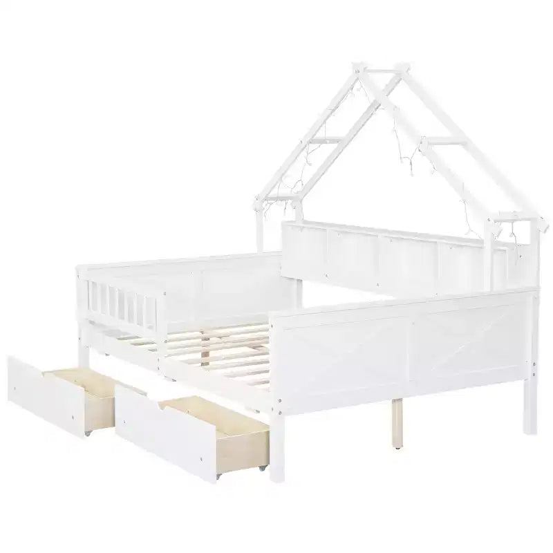 Huisbedframe voor een tweepersoonsbed met laden, huisplatformbed met ledverlichting, opbergplanken en laden, houten dagbed met dak en veiligheidshekje