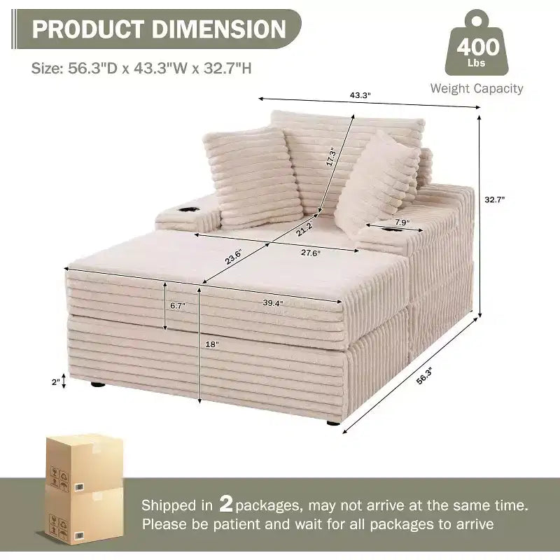 Ponadwymiarowy szezlong do wnętrz ze schowkiem w podnóżku, tapicerowana sofa z sztruksu, kanapa typu „chmura” z 3 poduszkami, jednoosobowa sofa do spania