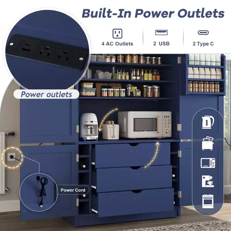 Armoire garde-manger haute pour cuisine avec prises électriques, grand placard autoportant avec support pour micro-ondes, tiroirs, étagères, porte-bouteilles et étagères intégrées à la porte