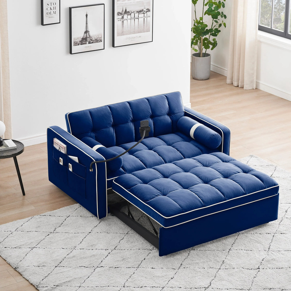 Aksamitna rozkładana sofa dwuosobowa 55'' z funkcją spania, regulowanym oparciem, kieszeniami bocznymi i uchwytem na telefon