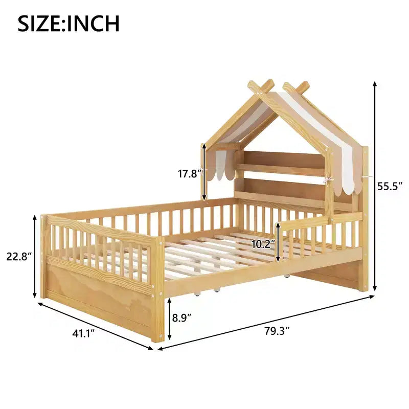 Łóżko domek ModernLuxe dla dzieci, rozmiar Twin/Full, drewniane, z zagłówkiem z miejscem do przechowywania, rama z litego drewna sosnowego z barierkami ochronnymi