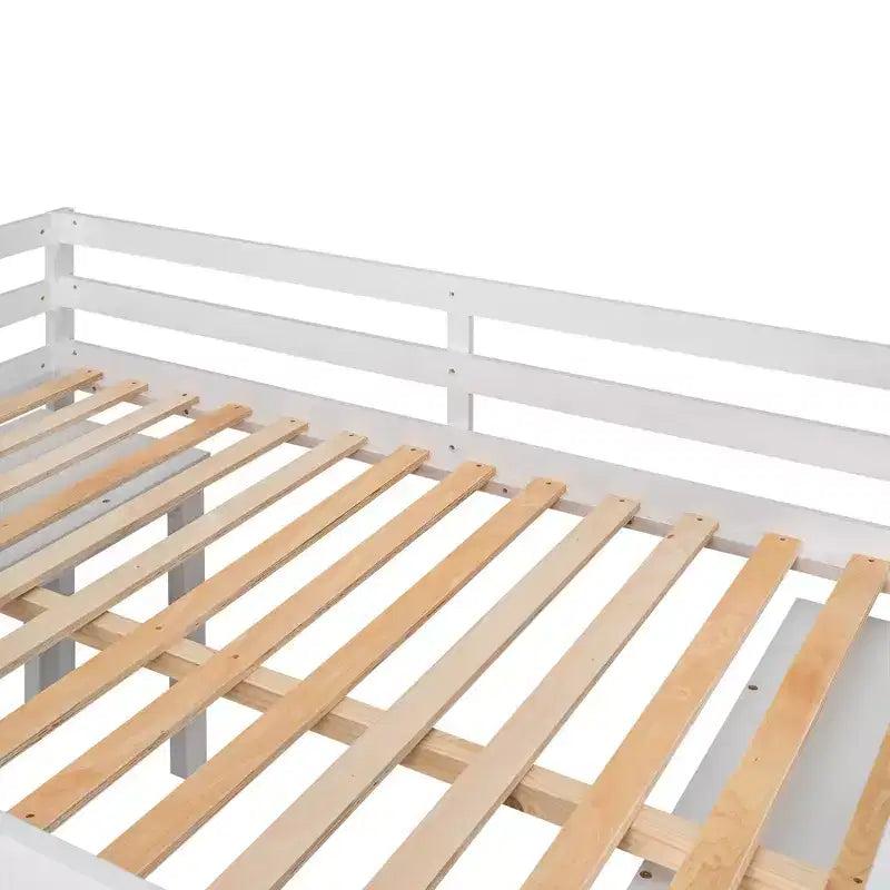 Niedriges Hochbett in voller Größe mit ausziehbarem Schreibtisch, 3 Schubladen und Regalen