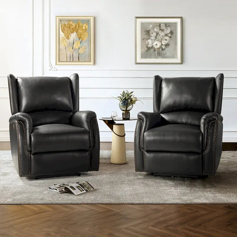 Genuine Leather Power Recliner with USB Port â€?Wingback Nailhead Set of 2