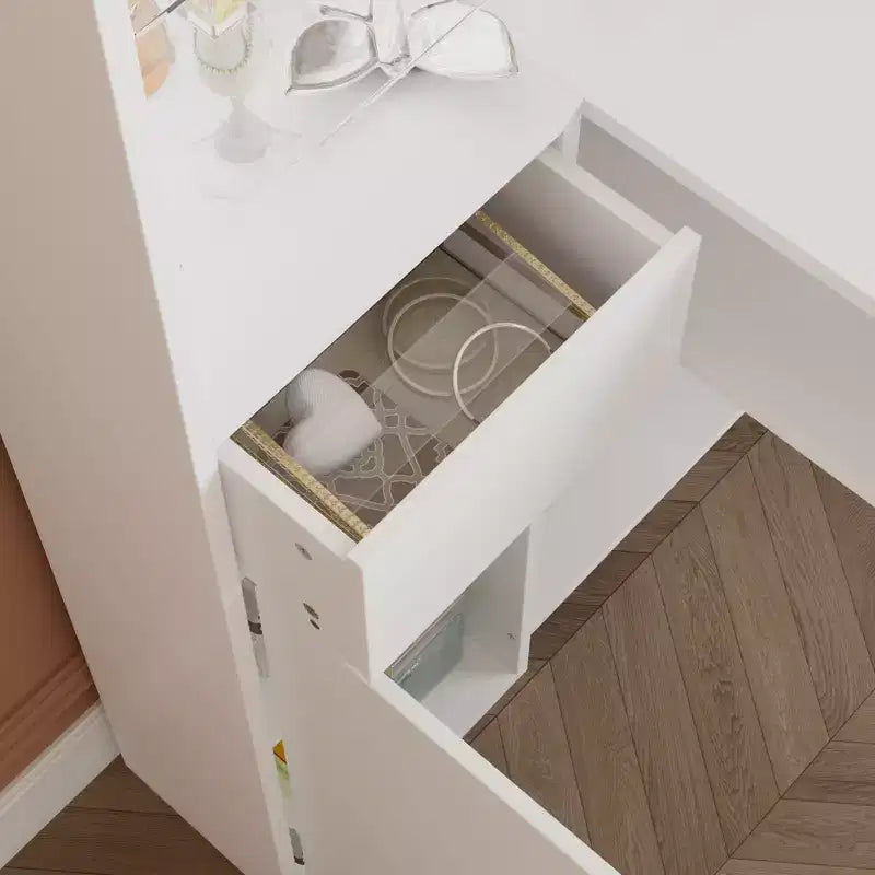Tavolo bianco per manicure con aspiratore per la polvere integrato, vetrina in vetro temperato, maniglie dorate, postazione per salone di bellezza, toeletta e tavolo per il trucco