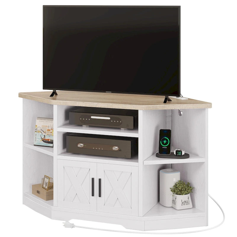 Eck-TV-Ständer im Landhausstil, Entertainment-Center und Medienkonsole für Fernseher bis 55 Zoll mit Steckdose