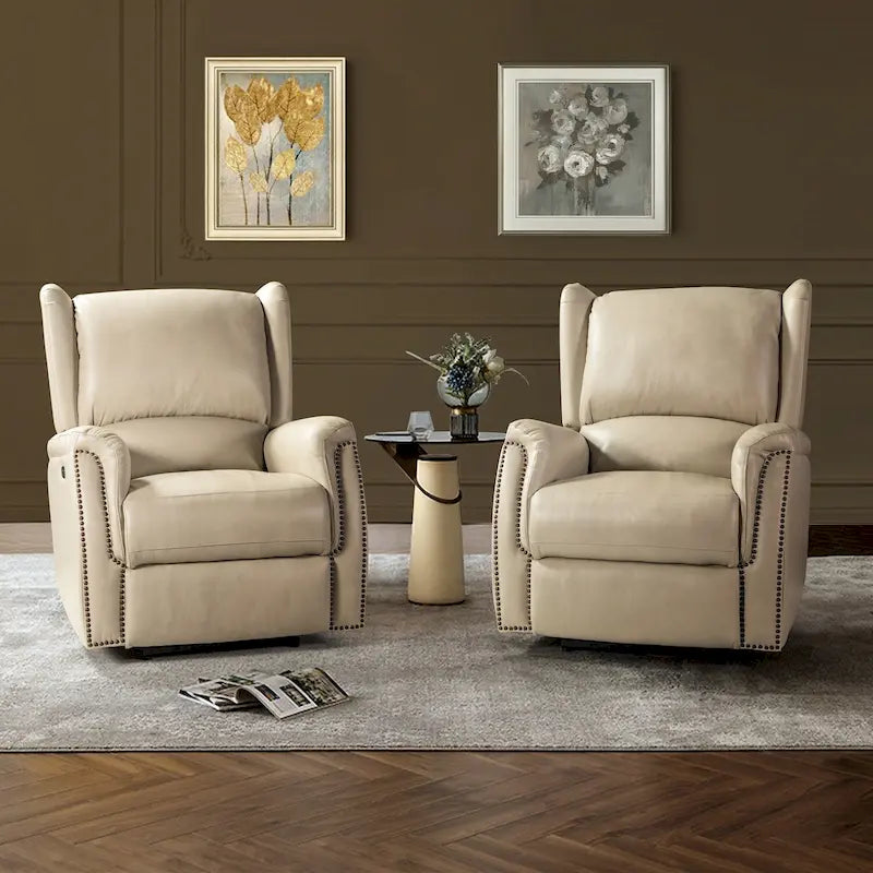 Genuine Leather Power Recliner with USB Port â€?Wingback Nailhead Set of 2