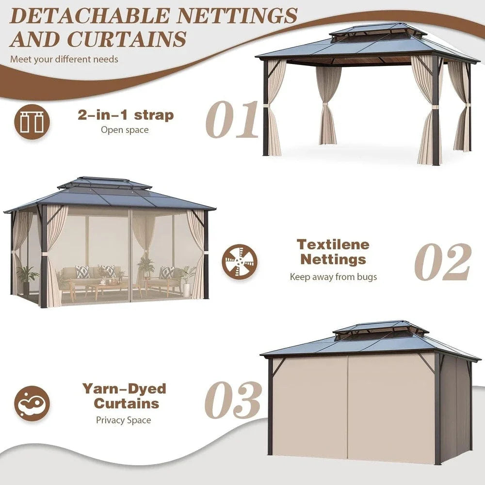 EROMMY prieel met hard dak, pergola voor buiten met dubbel dak, netten en gordijnen, robuuste overkapping voor terras, achtertuin en zwembadfeestjes