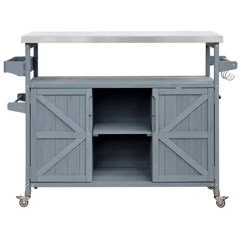 Okak Outdoor-Kücheninsel mit Edelstahlplatte, Küchenwagen aus Holz mit Türen, Regalen und Gewürzablage, rollbare Kücheninsel