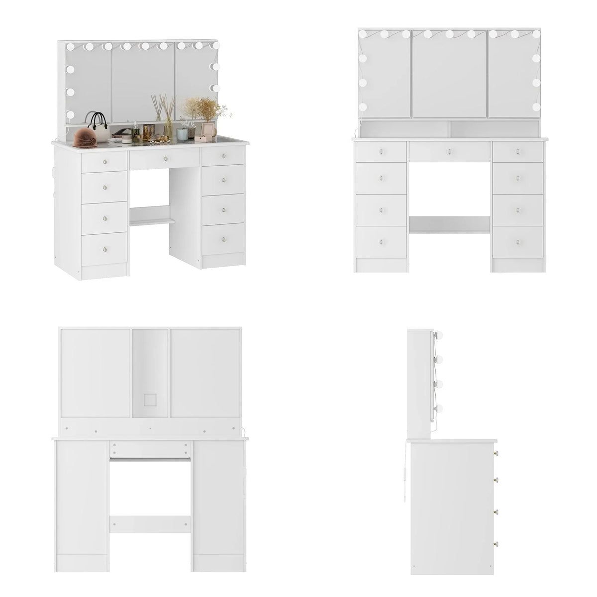 Make-uptafel met drievoudige spiegel, gecertificeerde verlichting en glazen bovenblad