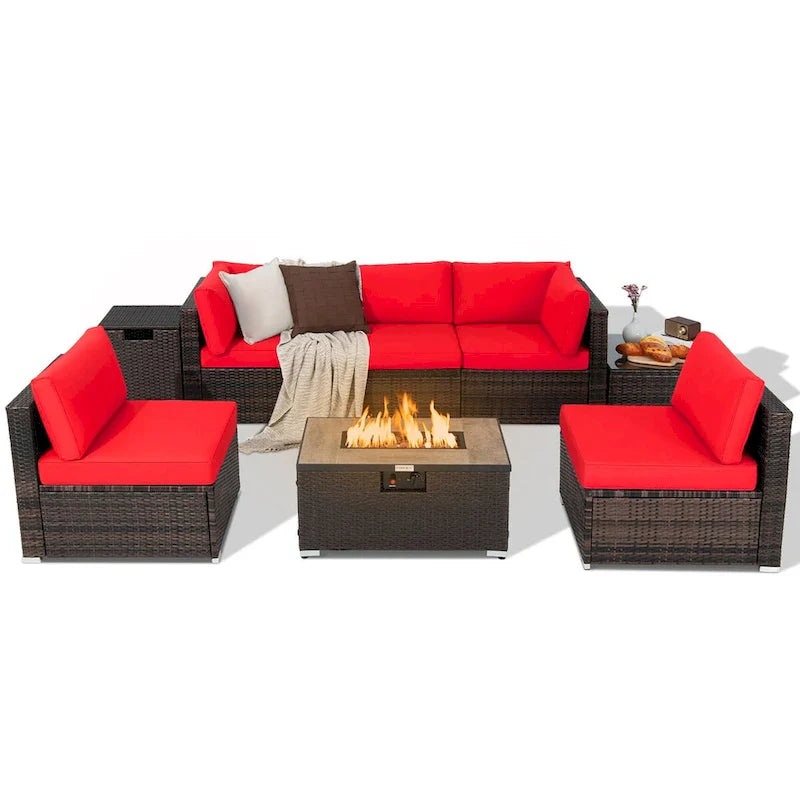 8-teiliges Patio-Rattanmöbel-Set mit Feuerstellentisch, Gasflaschenhalter, Abdeckung und Terrassenmöbeln