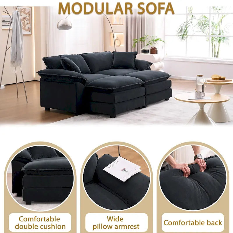 Zweisitzer-Sofa mit 2 Sitzkissen, 2 Kissen und 2 Hockern, bequemes Sofa – tiefes Wohnzimmer-Sofa, modulares Sofa