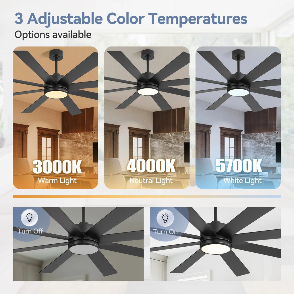 Ventilateur de plafond noir de 65 po à 8 pales avec lumière et télécommande