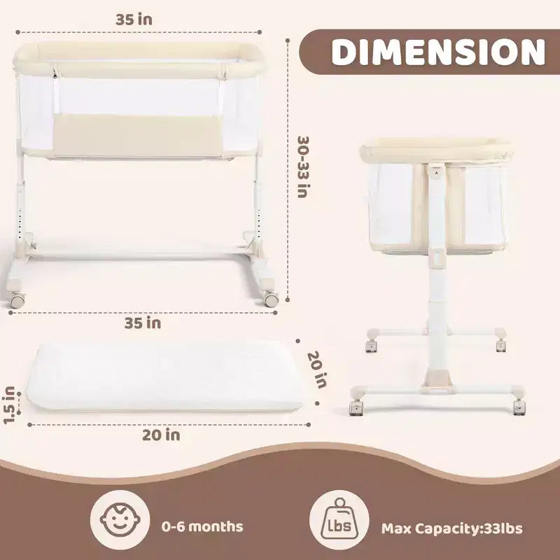 Berço de bebé com rodas - Bege / Cinzento / Cor-de-rosa, berço de cabeceira, para 1 bebé