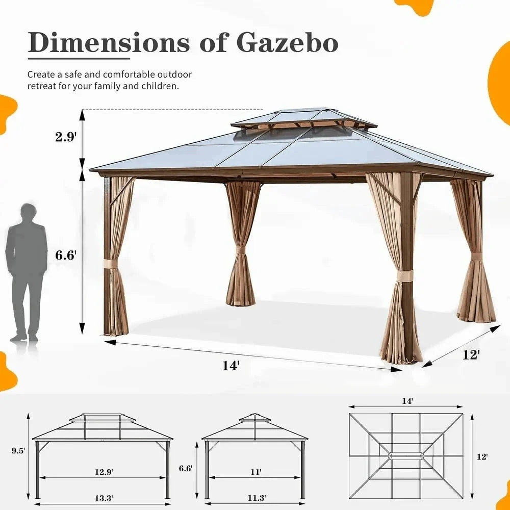 EROMMY prieel met hard dak, pergola voor buiten met dubbel dak, netten en gordijnen, robuuste overkapping voor terras, achtertuin en zwembadfeestjes