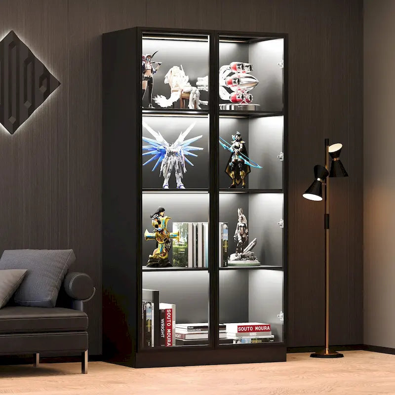 Vitrine de arrumação, vitrine com portas de vidro temperado, expositor com prateleiras de arrumação de 4 níveis