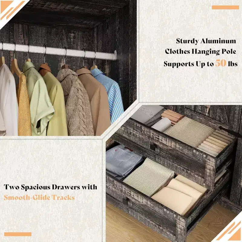 Armário de roupa estilo quinta AMERLIFE de 47 com 3 portas, 2 gavetas, varão para cabides e prateleiras ajustáveis, organizador de roupeiro independente