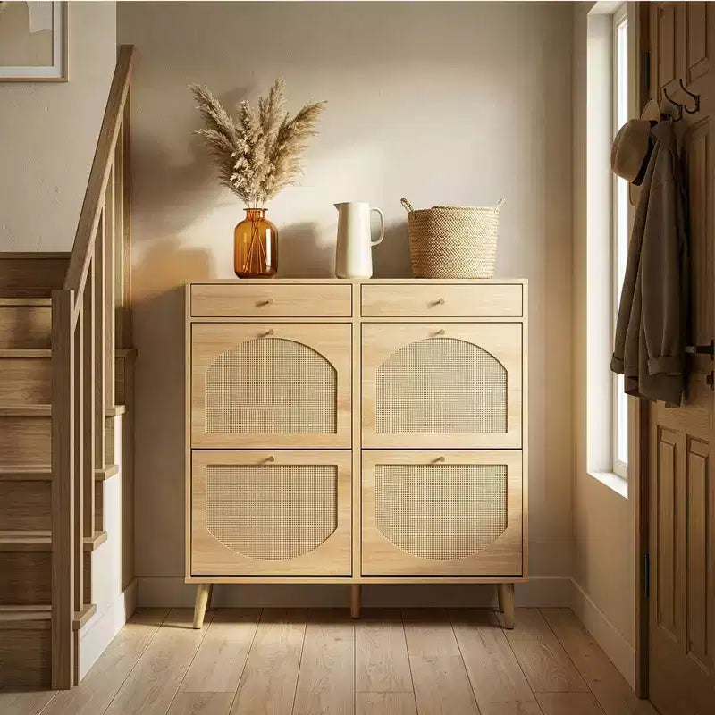 Botník Karl Home s ratanovým panelem, 2 zásuvkami a 4 výklopnými zásuvkami, z dřevotřísky, 41.34 W