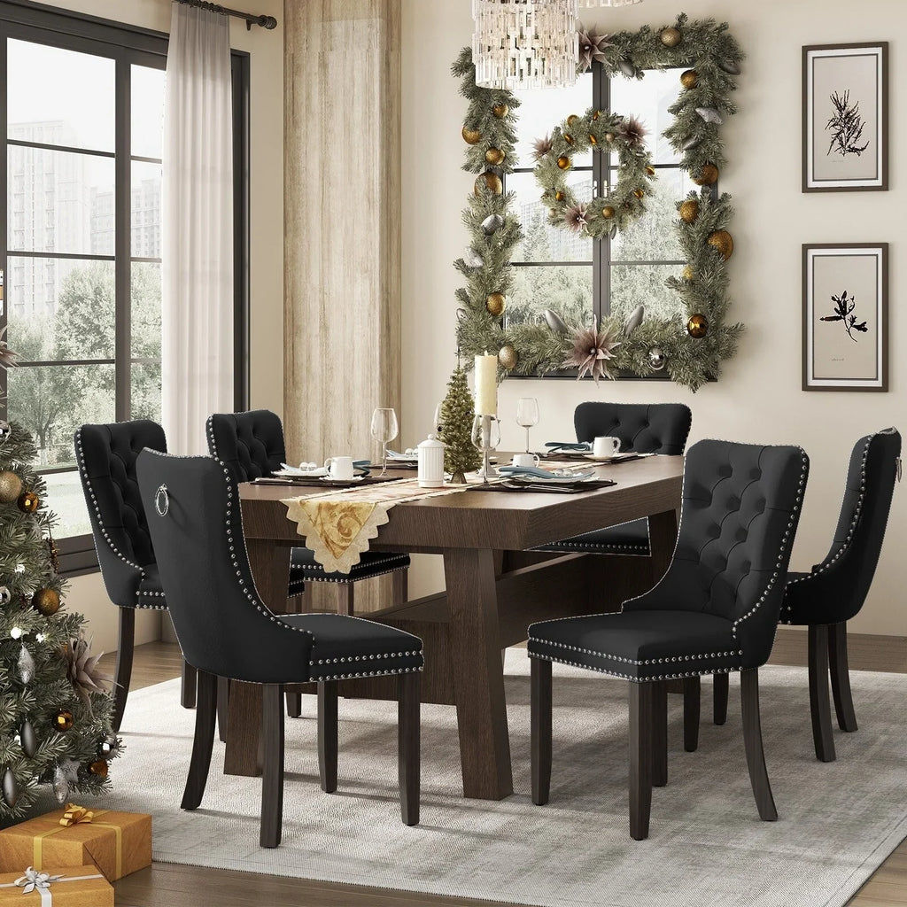 Set di 6 sedie da pranzo imbottite in velluto capitonné con gambe in legno massello