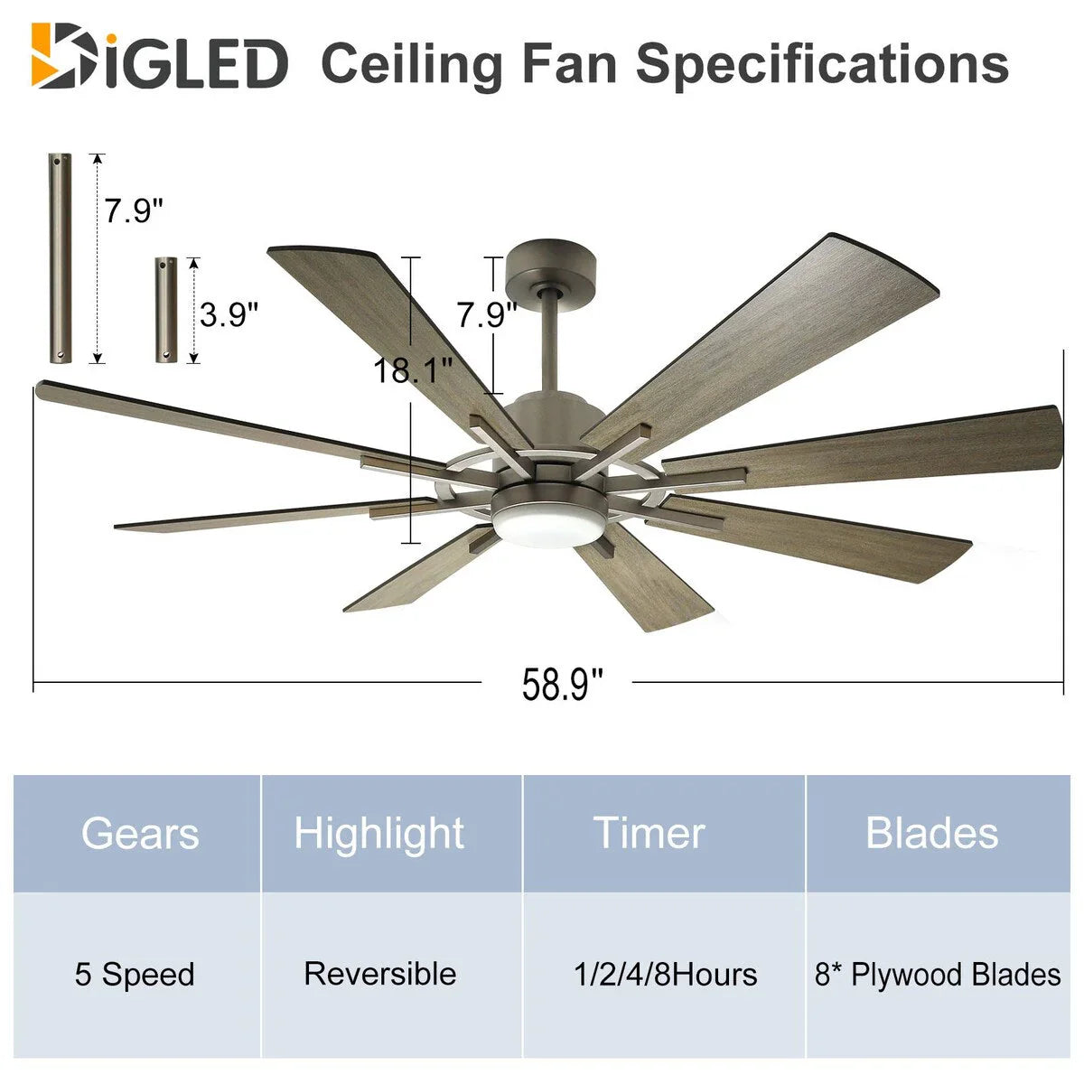 Grand ventilateur de plafond télécommandé avec éclairage et 8 grandes pales en bois