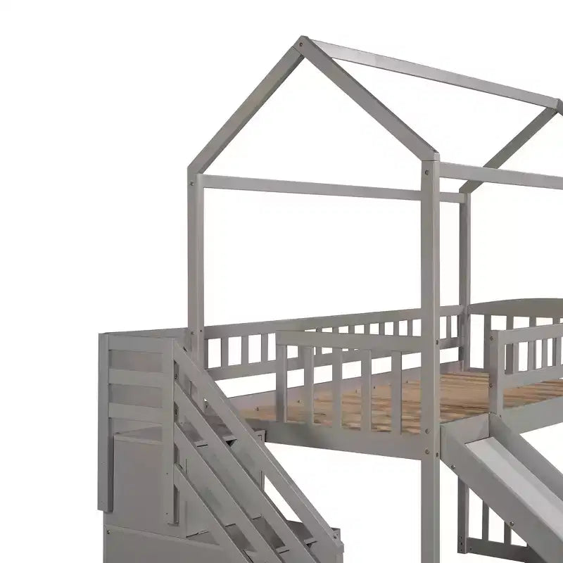Hochbett in Hausform für zwei Personen mit Rutsche und Treppe, Hochbett mit Stauraumschubladen, Holzhütten-Hochbett für Kinder und Kleinkinder