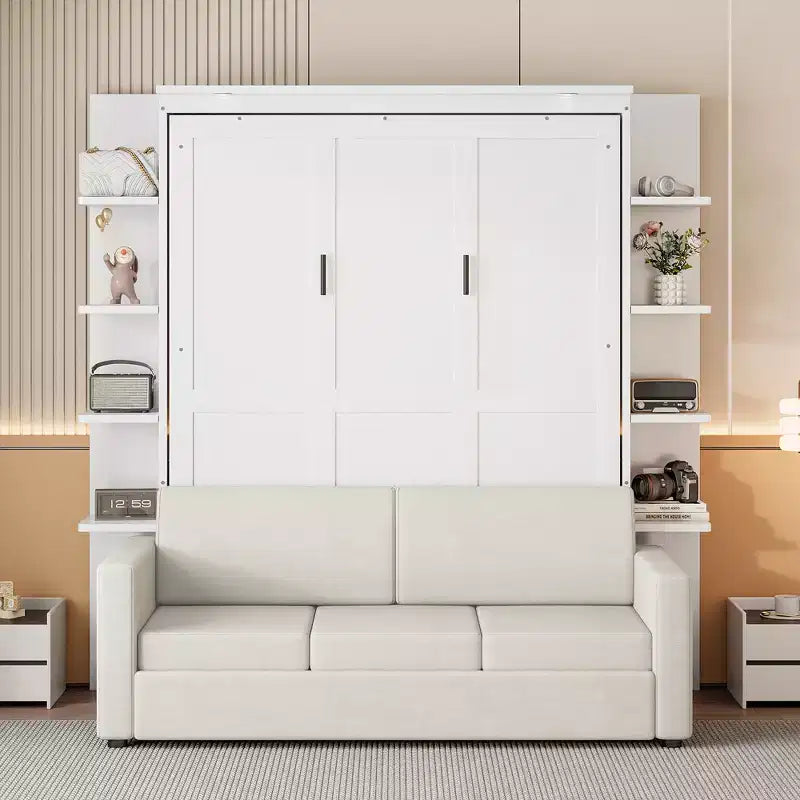 Letto a scomparsa matrimoniale Whisen dal design moderno con struttura in legno, divano e ripiani