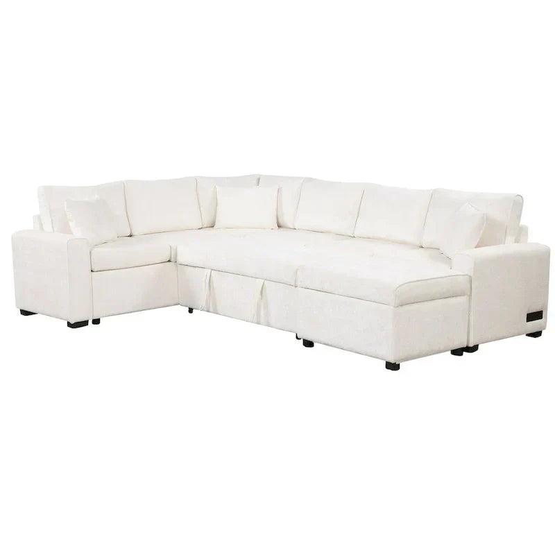 Ecksofa aus Chenille, ausziehbares Schlafsofa in L-Form mit Aufbewahrungshocker, 3 Kissen und Ladegeräten