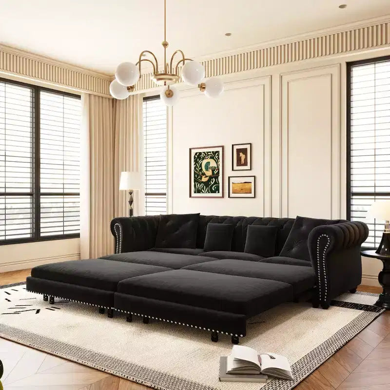 Rozkładana sofa 3 w 1 Whisen Velvet typu king-size z ruchomym podnóżkiem i pikowanym wzorem