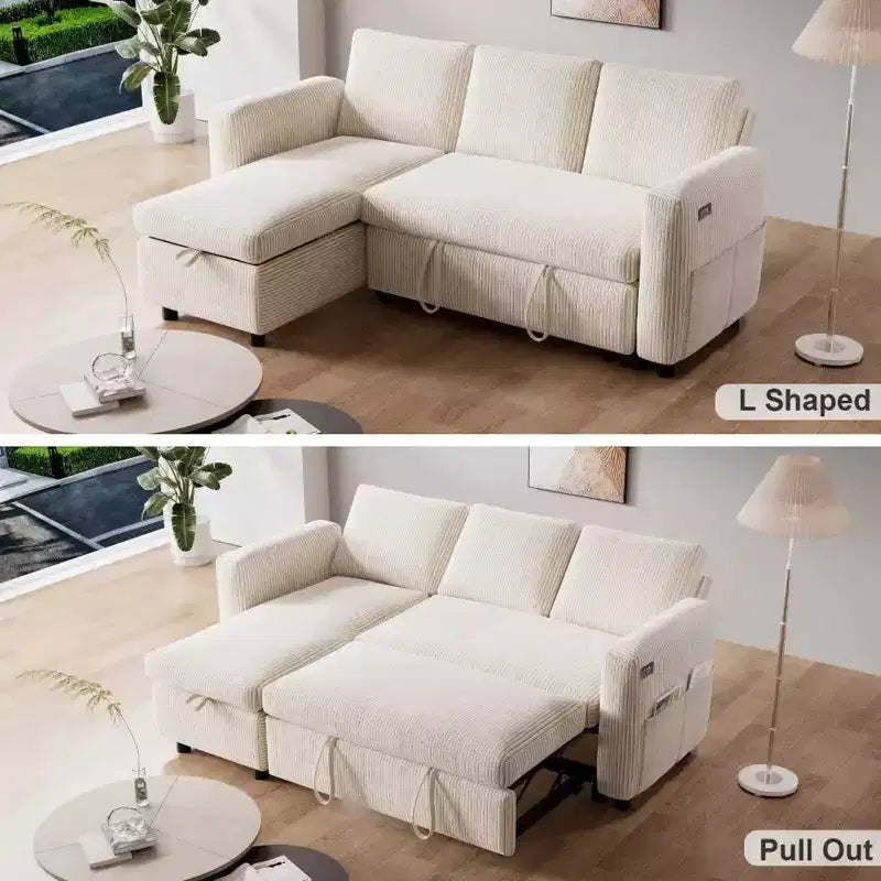 Dyonery Rozkładana sofa 2 w 1 z szezlongiem z pojemnikiem na pościel, sztruksowy narożnik z portami USB do salonu