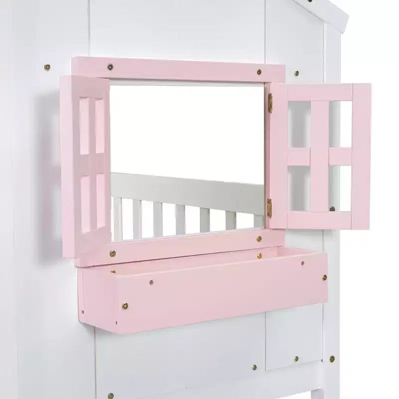 Hochbett in Einzelbettgröße in Hausform, hölzernes Spielhaus-Hochbett mit Leiter und Absturzsicherungen für Kinder